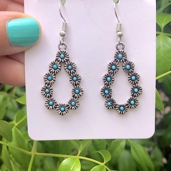 Turquoise Boho Flower Drop Earrings - Picture 3 of 4